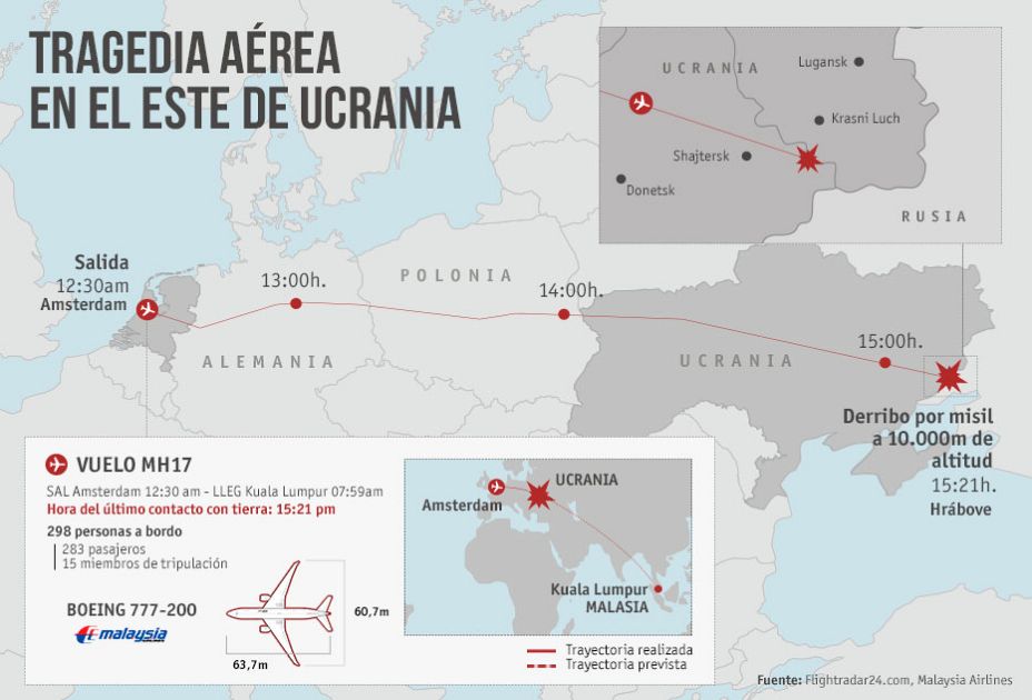 Mapa del lugar donde se produjo la caída del vuelo MH17 en Ucrania