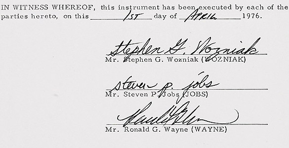 El documento de la creaci&oacute;n de Apple cuenta con la firma de Jobs, Wozniak y Wayne