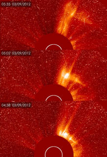 Las 'manchas' blancas son las part&iacute;culas expulsadas por el Sol