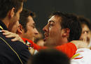 Abajo of Spain celebrates his victory against Confalonieri of Italy after their epee bout in the mens individual fencing competition at the Beijing 2008 Olympic Games