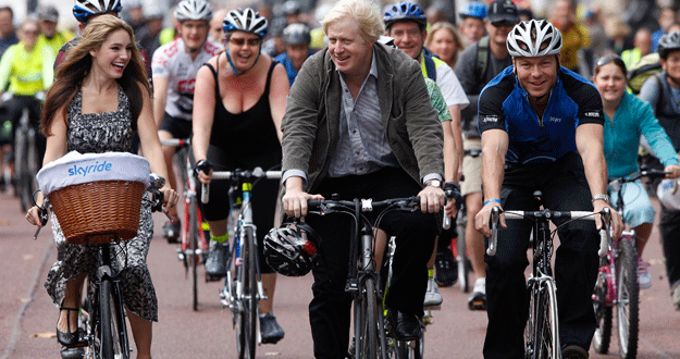 London Mayor Johnson, model and actress Brook and Britain's Olympic Gold Medalist Hoy ride in the Mayor of London's Skyride bicycle ride in London London Mayor Johnson, model and actress Brook and Britain's Olympic Gold Medalist Hoy ride in the Mayor of London's Skyride bicycle ride in London