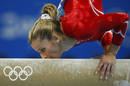 Alicia Sacramone of the U.S. competes on the balance beam in the womens team artistic gymnastics final at the Beijing 2008 Olympic Games