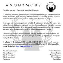 El movimiento Anonymous convocaba la 'Operación Policía' mediante un comunicado. El movimiento Anonymous convocaba la 'Operación Policía' mediante un comunicado.