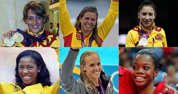 Arriba, de derecha a izquierda, las españolas Mireia Belmonte, Marina Alabau y Brigitte Yagüe; abajo, la jamaicana Fraser-Pryce y las estadounidenses Vollmer y Douglas.