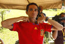 Astana rider Alberto Contador of Spain wears the jersey of Spains World Cup champions before a news conference on a rest day for the Tour de France cycling race in Morzine