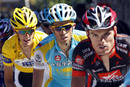 Astana team rider Alberto Contador, Saxo Bank team rider Andy Schleck and Caisse dEpargne team rider Luis-Leon Sanchez climb to Ax-3 Domaines during the 14th stage of the Tour de France cycling race