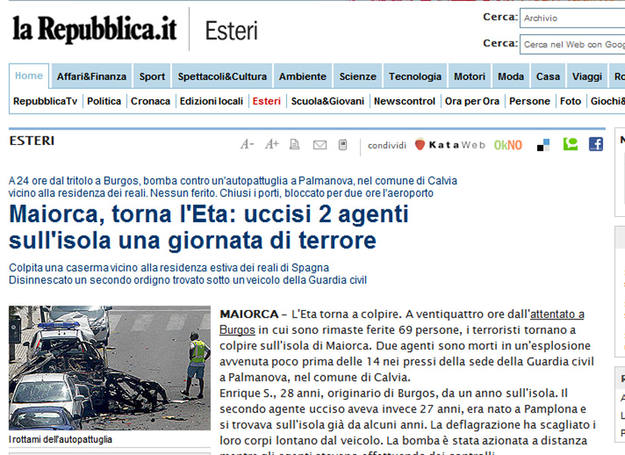 Atentado de ETA seg&uacute;n La Repubblica