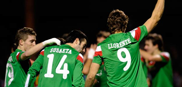 Athletic Bilbao's Llorente celebrates after scoring against Mirandes during their Spanish King's Cup semi-final first leg soccer match in Miranda de Ebro