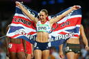 La brit&aacute;nica Jennifer Ennis celebra tras obtener la medalla de oro en la final de los 800 metros, del heptatl&oacute;n.