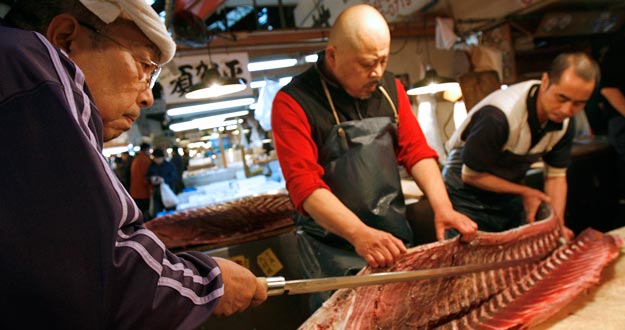 A wholesaler cuts a tuna at the Tsukiji fish market in Tokyo A wholesaler cuts a tuna at the Tsukiji fish market in Tokyo