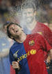 Barcelonas Pique sprays champagne on Messi during celebrations of their Spanish first division soccer league trophy in Barcelona
