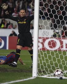 Barcelona's Valdes reacts after failing to prevent a goal during their Champions League soccer match against VfB Stuttgart' in Stuttgart