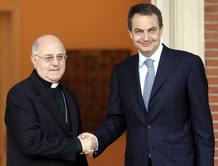 Bishop Blazquez is greeted by Spain's PM Zapatero before their meeting in Madrid. Bishop Blazquez is greeted by Spain's PM Zapatero before their meeting in Madrid.
