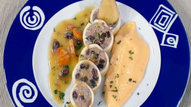 Calamares rellenos al cava con pur&eacute; de patata y batata