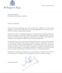 Carta del embajador de Espa&ntilde;a al Director de Canal Plus Francia.