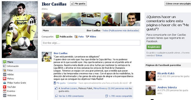 Imagen del Facebook del capit&aacute;n del Real Madrid, Iker Casillas.