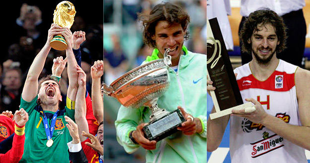 Casillas, tras ganar el Mundial 2010; Nadal, con uno de sus seis Roland Garros; y Gasol, después de lograr el último Europeo de Baloncesto. Casillas, tras ganar el Mundial 2010; Nadal, con uno de sus seis Roland Garros; y Gasol, después de lograr el último Europeo de Baloncesto.