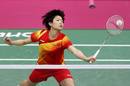 La china Wang Xin disputando un partido de b&aacute;dminton en el Wembley Arena.