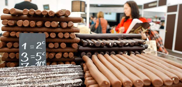 Chocolates are displayed during the 'Xocolating' chocolate fair in Barcelona
