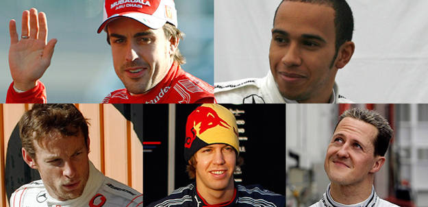 Fernando Alonso, Vettel, Button, Hamilton y Schumacher son los cinco pilotos con m&aacute;s opciones de ganar el Mundial de F&oacute;rmula Uno que comienza este fin de semana en Bahrein.