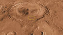 El cr&aacute;ter Gale, con la zona de aterrizaje de Curiosity marcada en amarillo