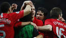 Cristiano Ronaldo celebra junto a sus compañeros el gol que adelantaba al Manchester United en el minuto 16.