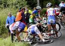 Cyclists try to recover from a crash during the womens cycling road race final at the London 2012 Olympic Games