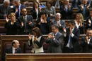 Los diputados socialistas aplauden al secretario general del PSOE, Alfredo Pérez Rubalcaba, tras su intervención en la sesión de la tarde del debate sobre el estado de la nación