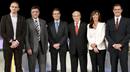 Los candidatos a las elecciones catalanas: Joan Herrera (ICV-EUiA); Joan Puigcerc&oacute;s (ERC); Artur Mas (CIU); Jos&eacute; Montilla (PSC); Alicia S&aacute;nchez-Camacho (PPC), y Albert Rivera (Ciutadans), de izda a dcha, antes del comienzo del debate celebrado esta n