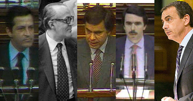 Suárez, Calvo-Sotelo, González, Aznar y Zapatero, en sus respectivos debates de investidura Suárez, Calvo-Sotelo, González, Aznar y Zapatero, en sus respectivos debates de investidura