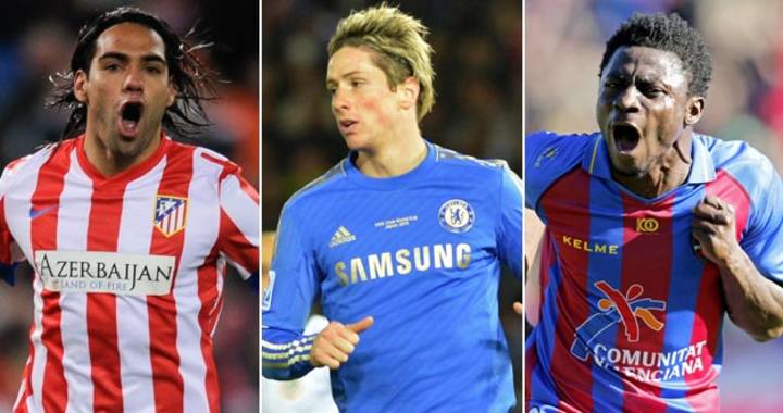 Los delanteros del Atl&eacute;tico, Radamel Falcao, del Chelsea, Fernando Torres y del Levante, Martins.