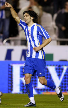 Deportivo Coruna's Lafita celebrates his goal against Malaga during their Spanish First Division soccer match in Coruna