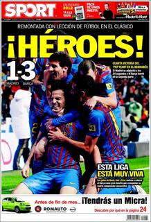 El diario catal&aacute;n Sport incide en la heroicidad de la victoria en el Santiago Bernab&eacute;u.