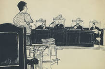 Dibujo de la sala del juicio declarando, Antonio Serrano L&oacute;pez, vigilante jurado con destino en la urbanizacion de Somoguas