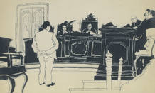 Dibujo de la sala del juicio. Mauricio L&oacute;pez Robert declarando ante el fiscal