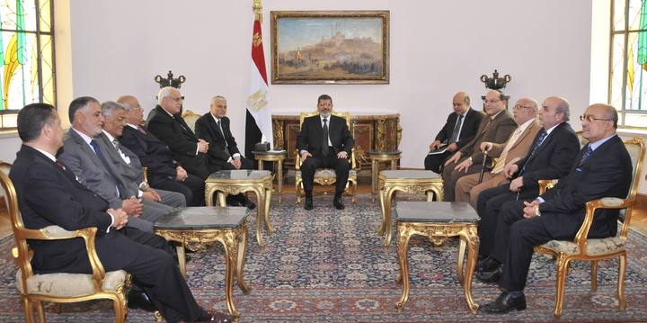 Egypt's President Mohamed Mursi meets with the Supreme Judicial Council and the prosecutor general to discuss a draft law reforming the judiciary due to go through the Islamist-dominated upper house at El-Thadiya presidential palace in Cairo
