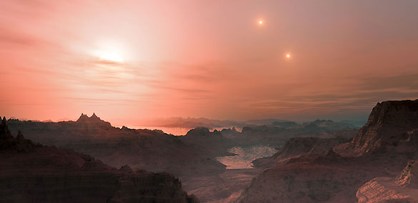 Impresi&oacute;n art&iacute;stica de un atardecer en la s&uacute;per-Tierra Gliese 667 Cc
