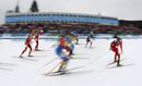 Esquiadoras durante la prueba de 4 x 6 km en Biatl&oacute;n.
