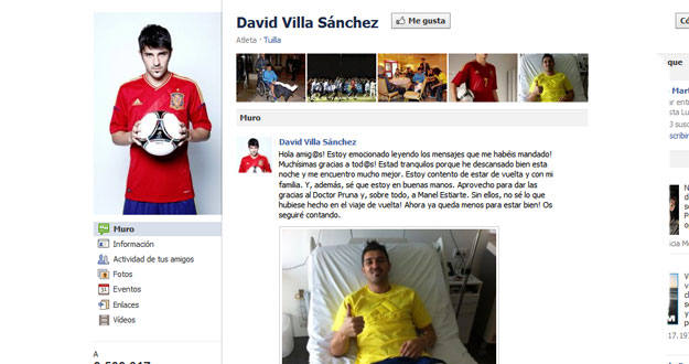 David Villa agracede el apoyo en Facebook. David Villa agracede el apoyo en Facebook.