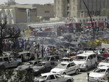 A general view of the site of a truck bomb attack outside the Iraqi Ministry of Foreign Affairs in Baghdad
