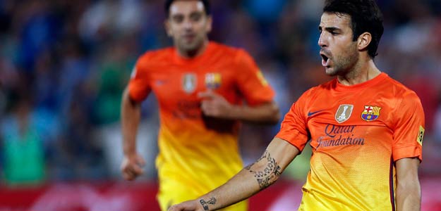 F&aacute;bregas celebra el gol del Bar&ccedil;a conseguido con un remate de Adriano.