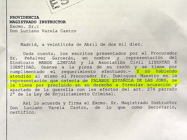 Falange ya no es acusaci&oacute;n popular en la causa contra Garz&oacute;n por investigar el franquismo
