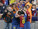 Barcelonas players celebrates Etoos goal against Villarreal during their Spanish First Division soccer match at Nou Camp stadium in Barcelona