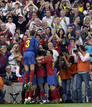 Barcelonas players celebrate their goal against Villarreal during their Spanish First Division soccer match in Barcelona.