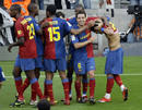 Barcelonas players celebrates Daniel Alves goal against Villarreal during their Spanish First Division soccer match at Nou Camp stadium in Barcelona