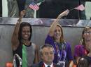 La primera dama estadounidense, Michelle Obama, ha estado muy activa apoyando a su delegaci&oacute;n. En esta imagen, en la final de los 400m estilos de los Juegos Ol&iacute;mpicos Londres 2012, en el Centro Acu&aacute;tico de Londres, Reino Unido,