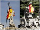 Las fuentes de Neptuno y de La Cibeles, adornadas con la bandera de Espa&ntilde;a en honor a la selecci&oacute;n espa&ntilde;ola de f&uacute;tbol.