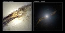 Comparación entre una imagen de Centaurus A y la nueva vista con infrarrojos. Comparación entre una imagen de Centaurus A y la nueva vista con infrarrojos.