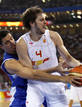 Gasol of Spain and Fotsis of Greece battle for ball during mens basketball game at Beijing 2008 Olympic Games