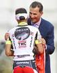 Geox TMC rider Juan Jose Cobo of Spain is congratulated by Spanish Crown Prince Felipe on the podium after winning the Tour of Spain 